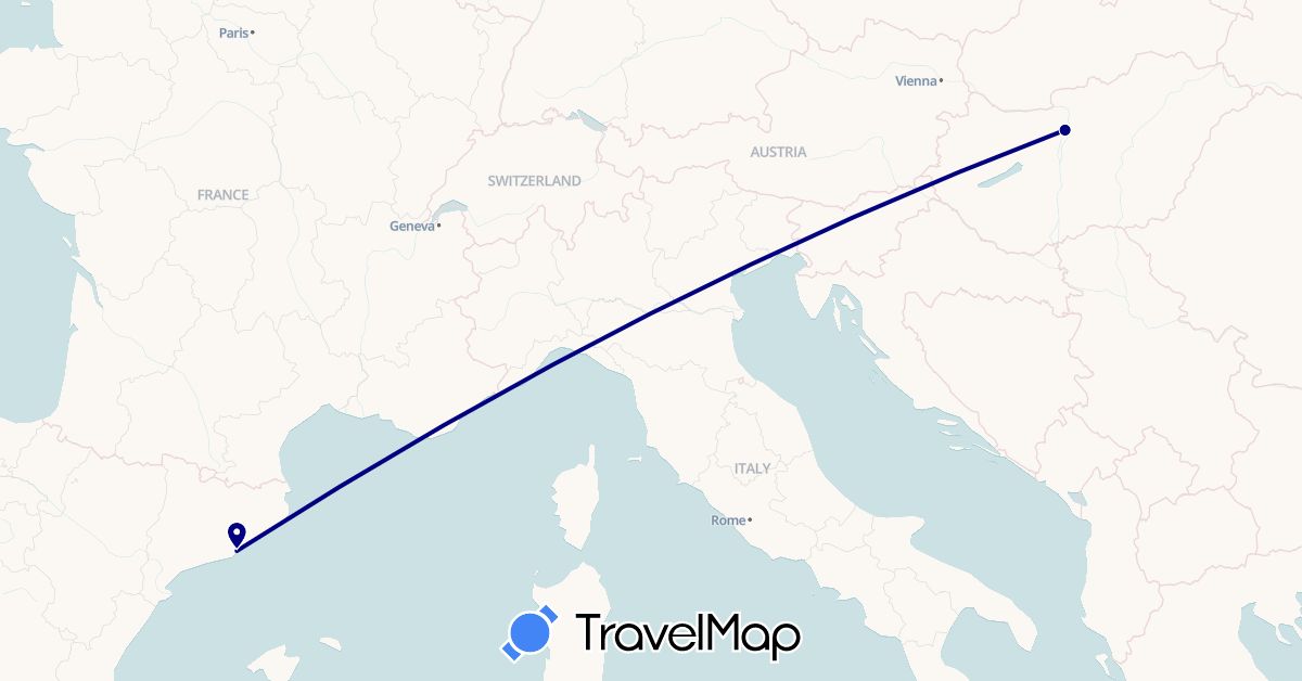 TravelMap itinerary: driving in Spain, Hungary (Europe)